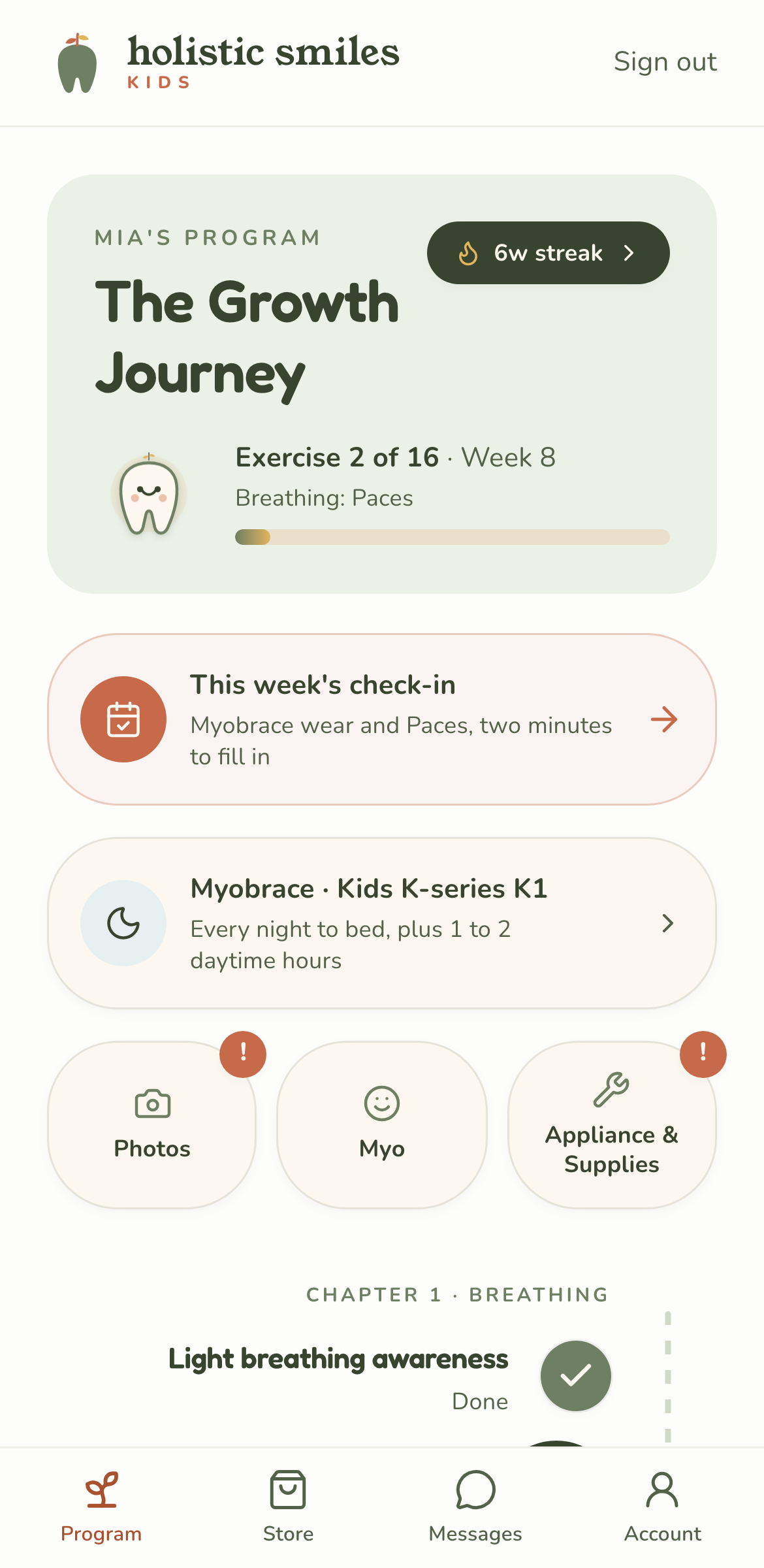 The parent app's Growth Journey: weekly check-in, Myobrace card and the exercise chain