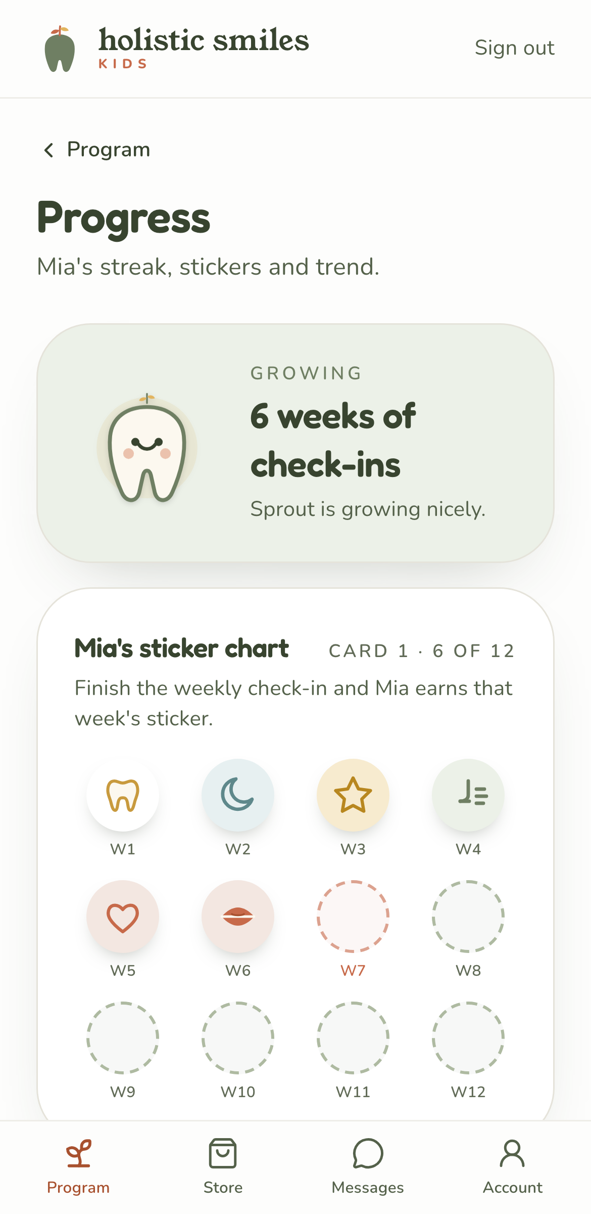 The child's progress page in the app: the growing Sprout mascot and the weekly sticker chart