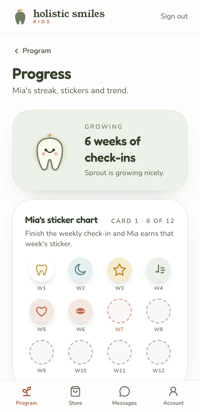 The child's progress page in the app: the growing Sprout mascot and the weekly sticker chart