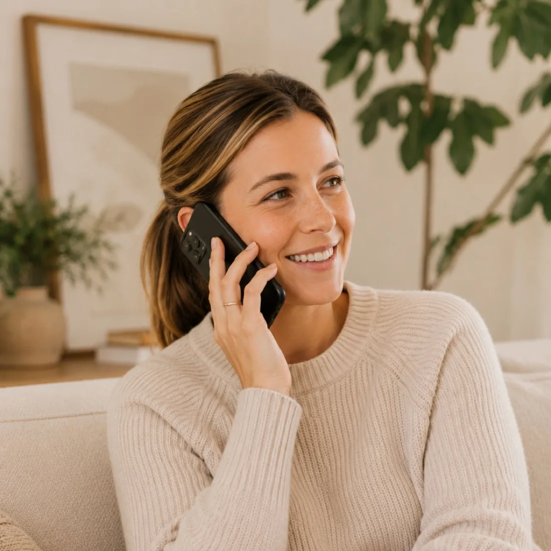 A parent chatting on the phone at home
