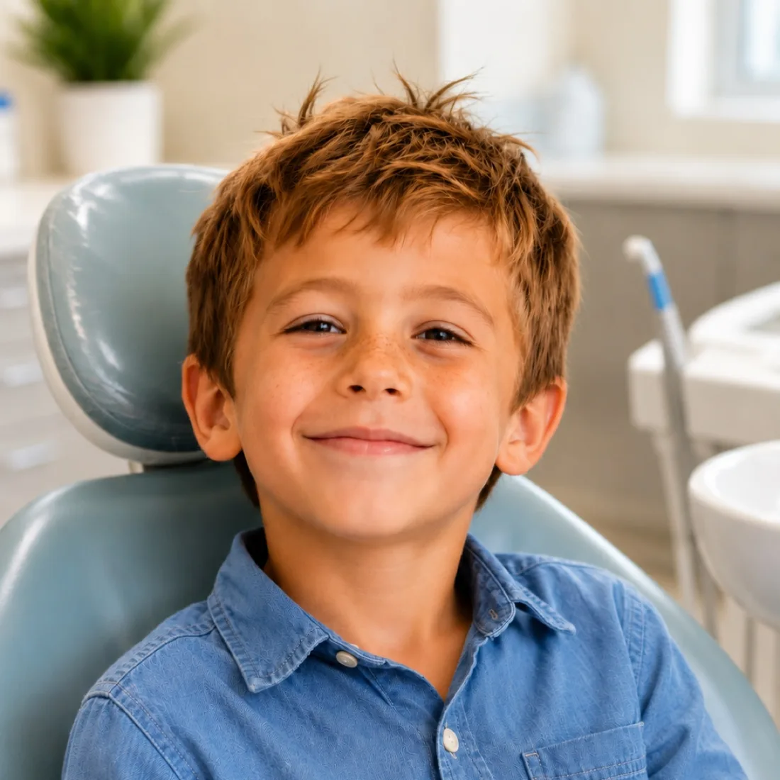 A relaxed boy smiling in the dental chair
