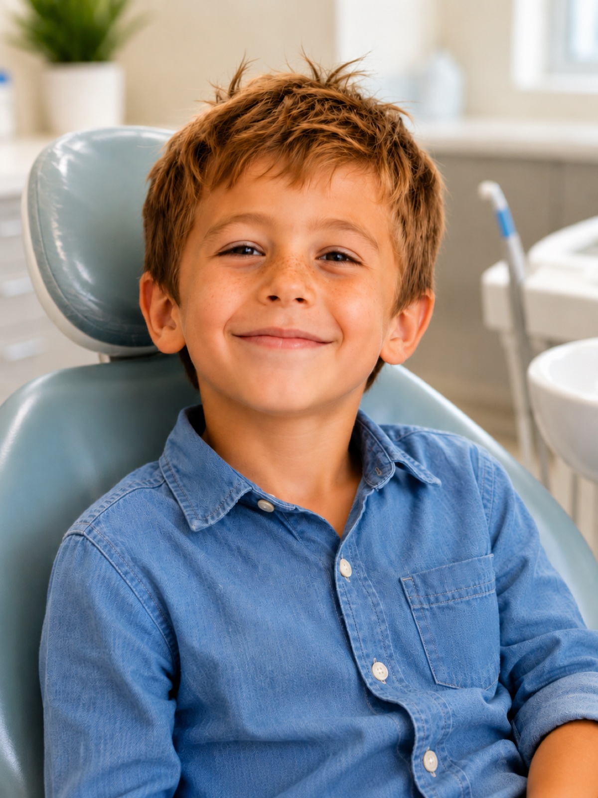 A relaxed boy smiling in the dental chair