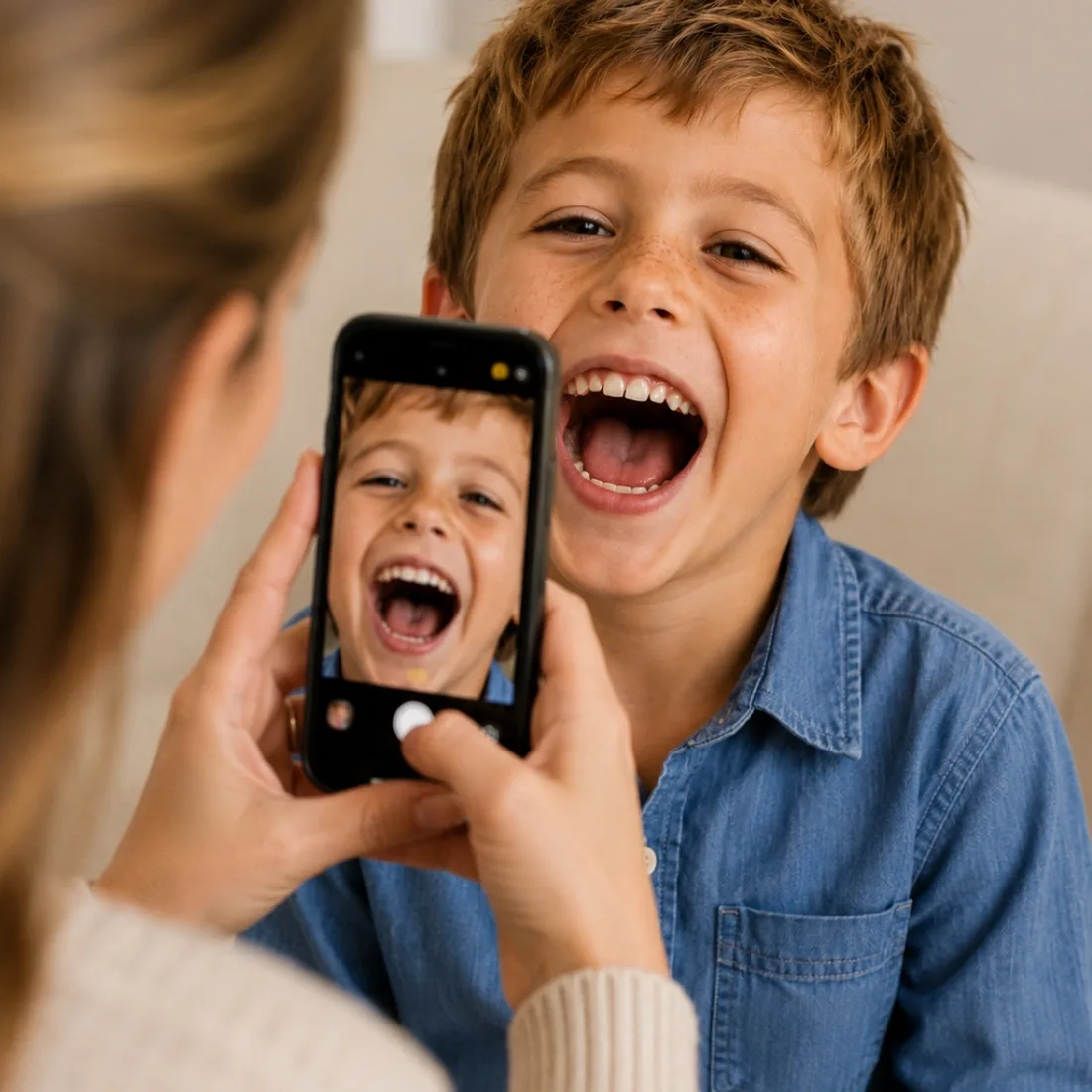 A parent taking a guided photo of their child's smile on a phone