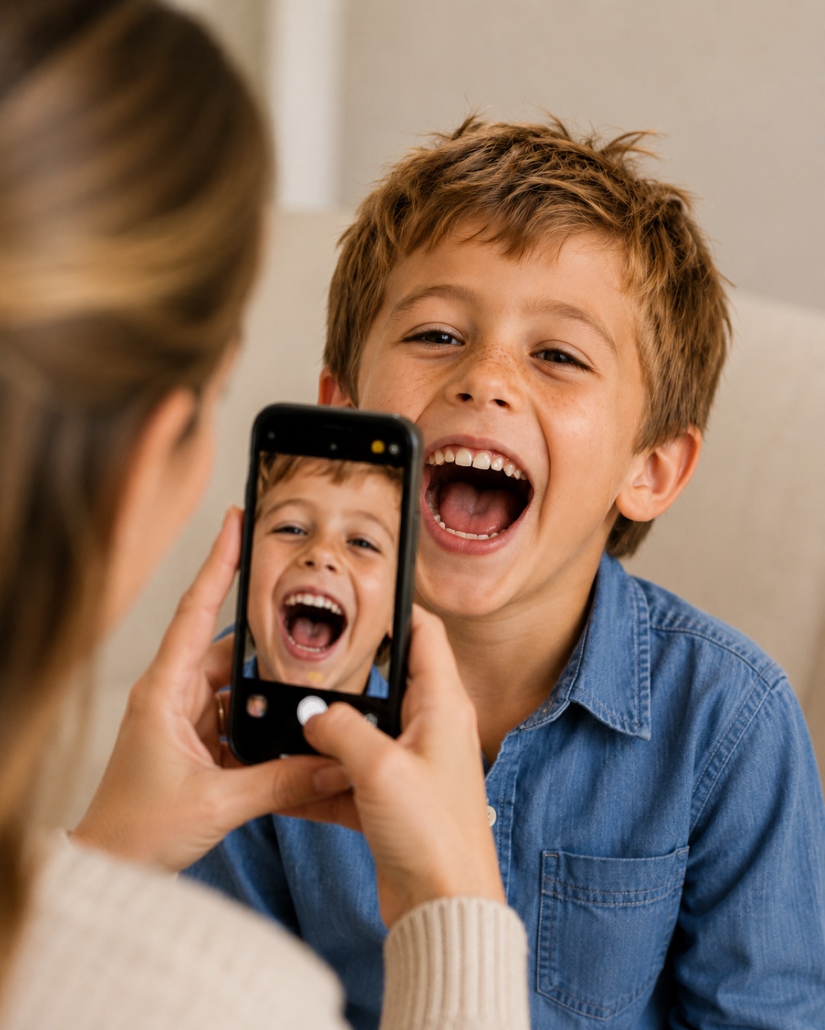 A parent taking a guided photo of their child's smile on a phone