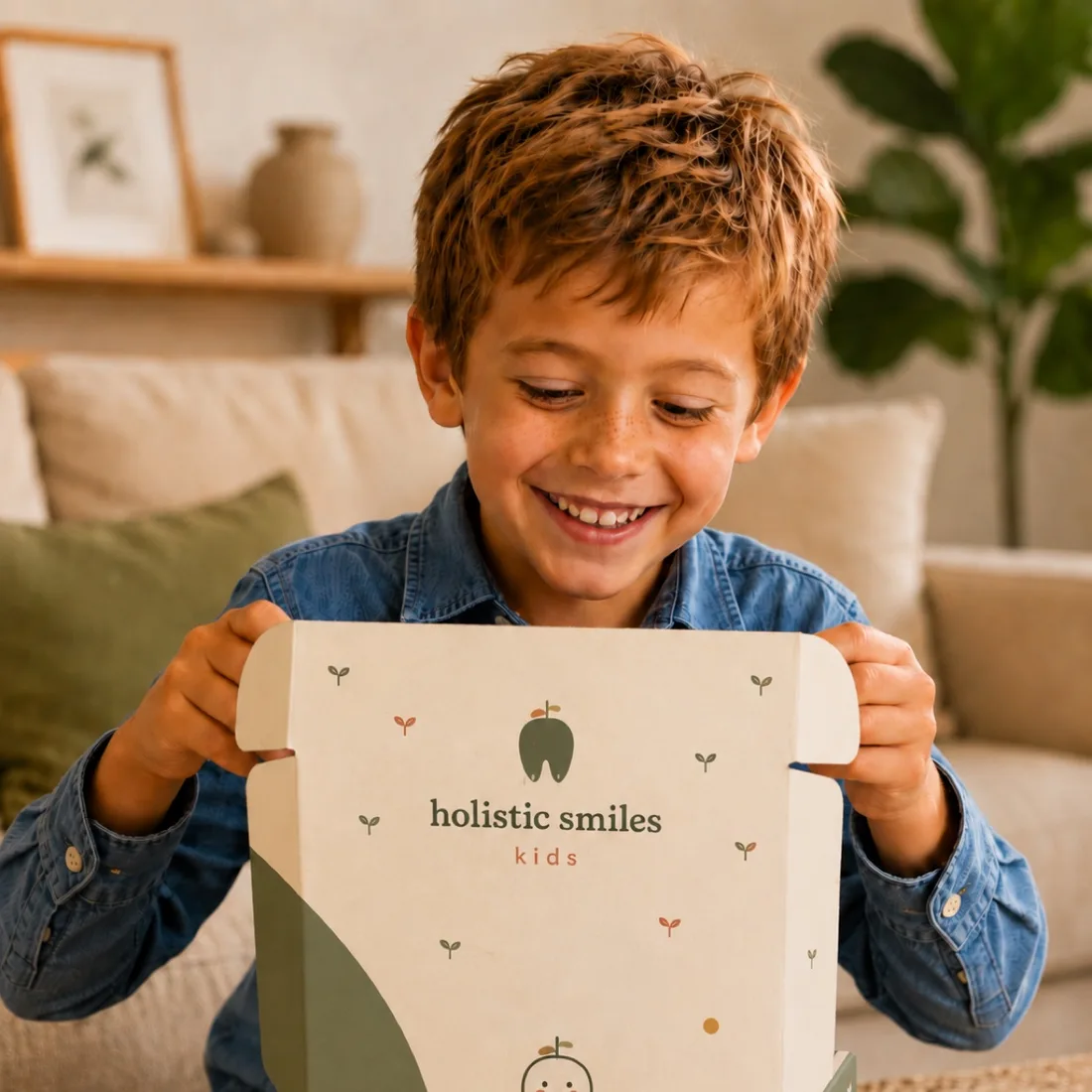 A boy happily opening his Holistic Smiles Kids welcome box