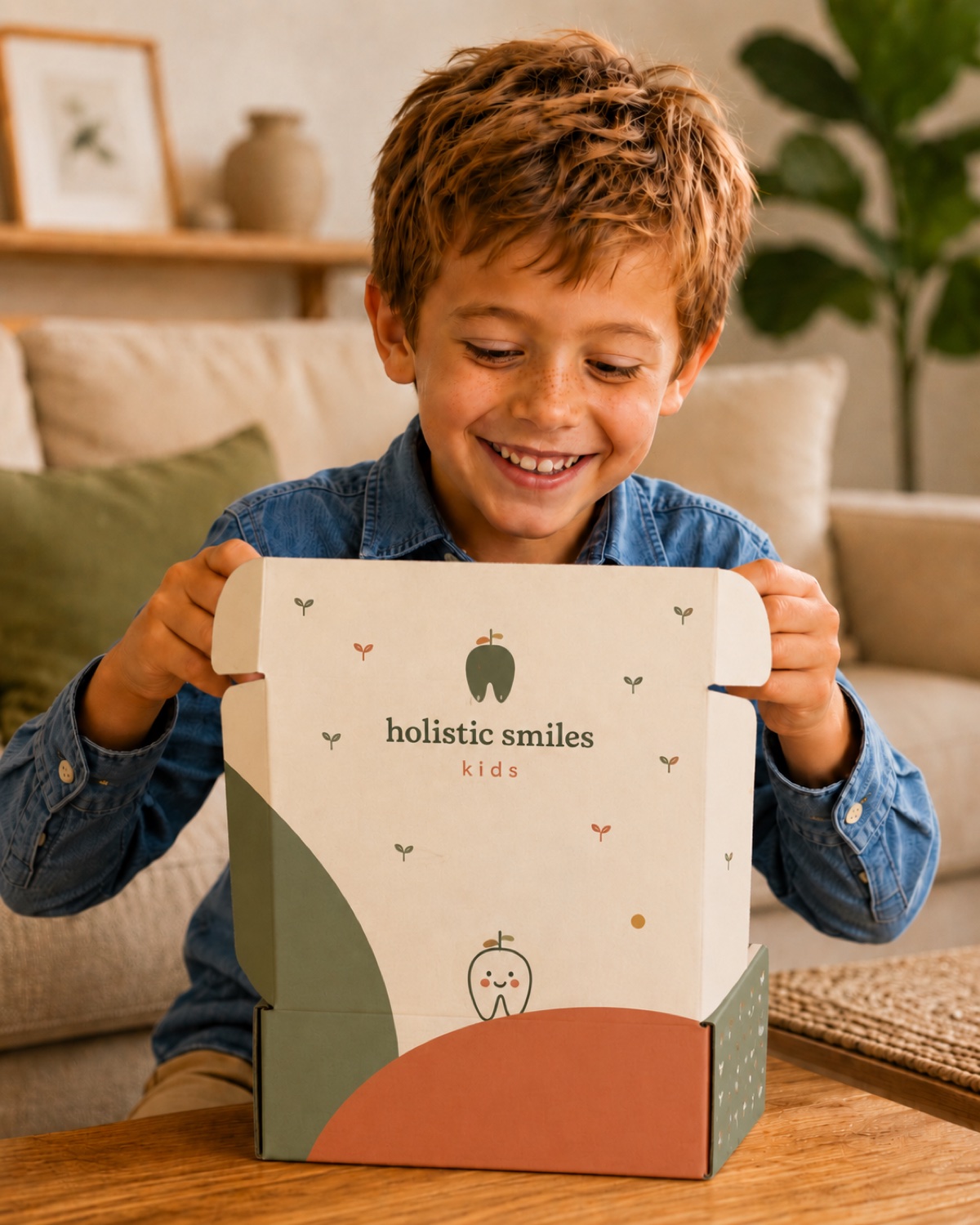 A boy happily opening his Holistic Smiles Kids welcome box