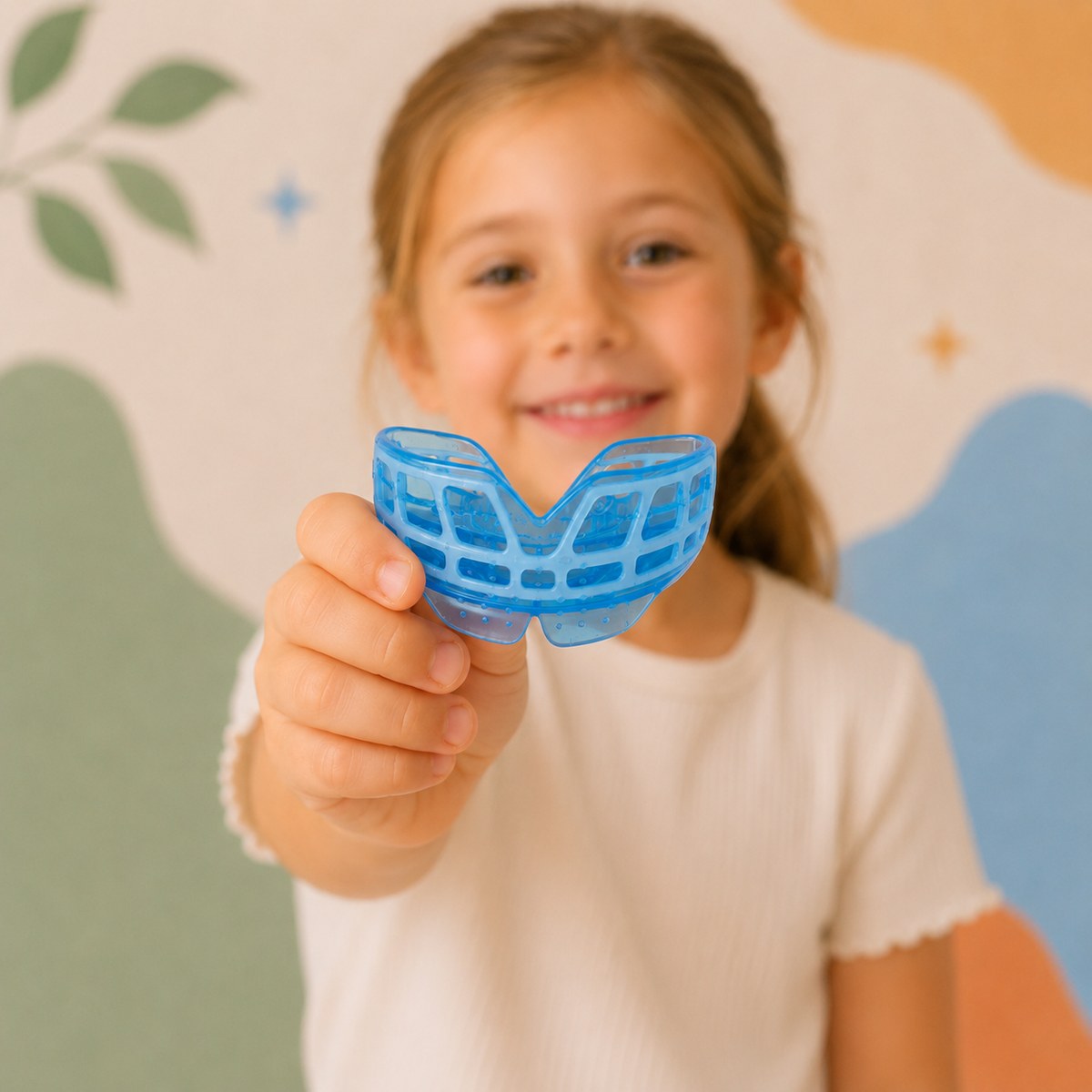 A child holding their blue Myobrace appliance